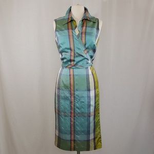 Teal plaid sleeveless wrap dress